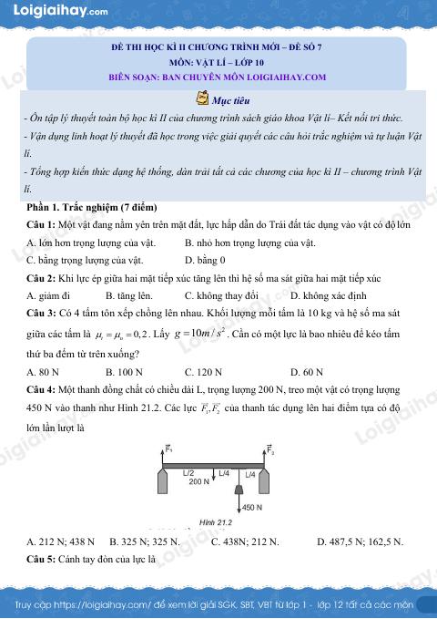 Đề thi học kì 2 Vật lí 10 Kết nối tri thức - Đề số 7